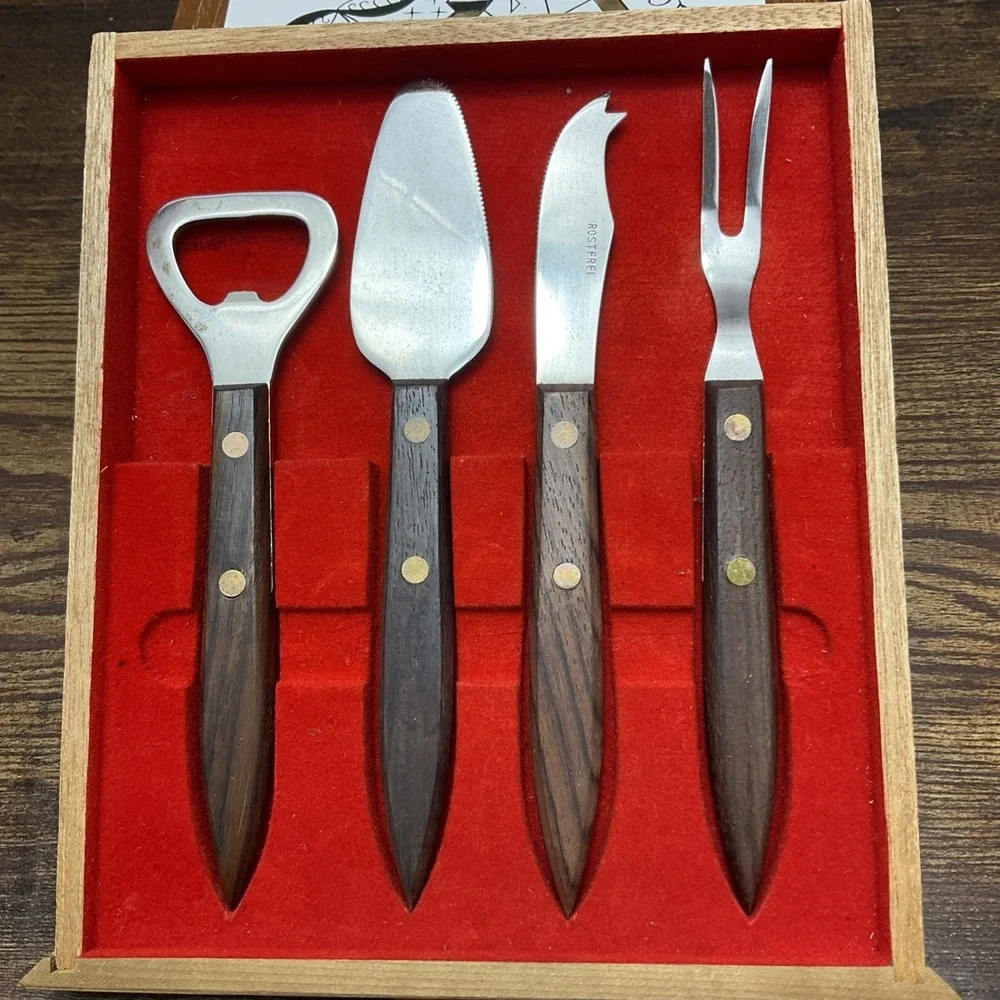 Mid Century Wooden Bar Ware Utensil & Trivet Set in the style of Georges Briard